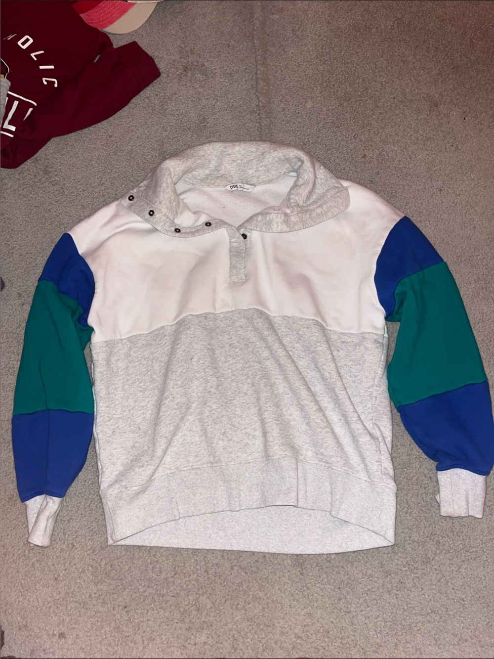 DSG Colorblock Snap-Shoulder Pullover Sweatshirt in White, Gray, Blue & Green